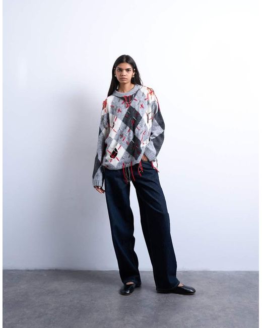 TOPSHOP White Knitted Argyle Distressed Jumper