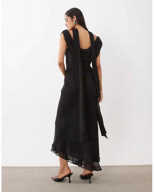 ASOS Black Draped Off Shoulder Scarf Detail Double Layer Maxi Dress
