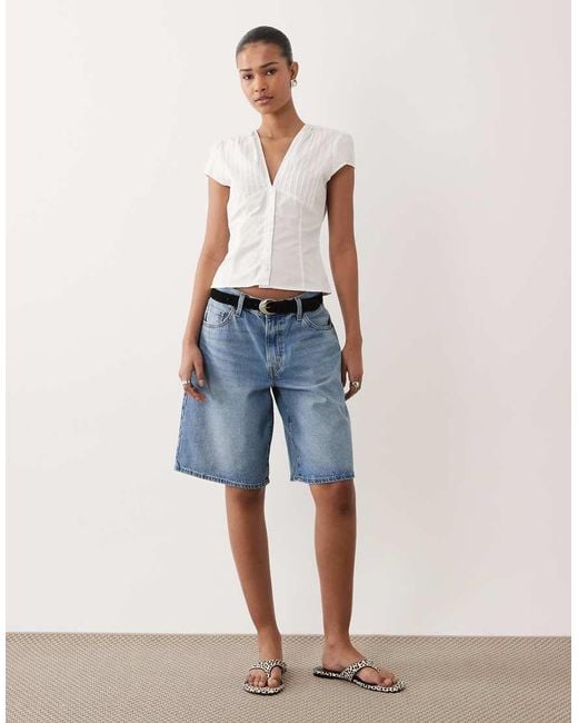 Gina Tricot White Cotton Rich V Neck Short Sleeve Blouse