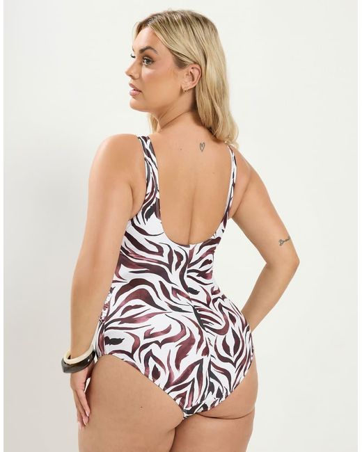 Yours Clothing White Zebra Ruched Plunge Swimsuit
