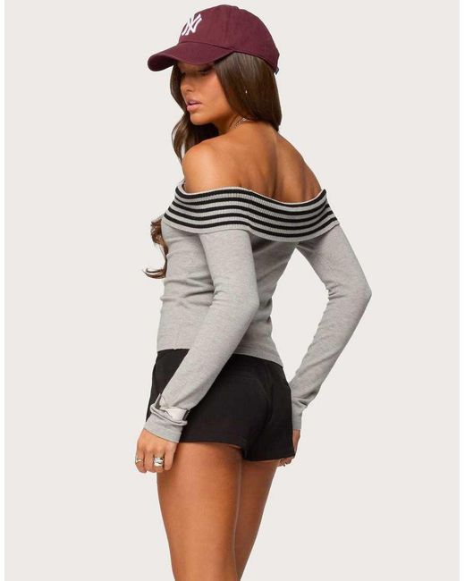 Edikted Gray Leetal Stripey Foldover Knit Top