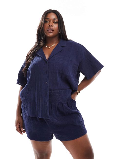 ASOS Blue Asos Design Curve Broderie Shirred Waist Co-Ord Short