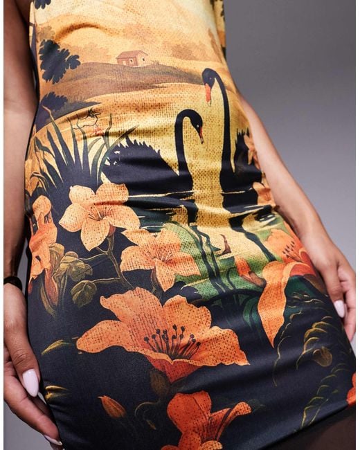 ASOS Multicolor Printed Mesh Highneck Halter Maxi Dress With Sheer Skirt