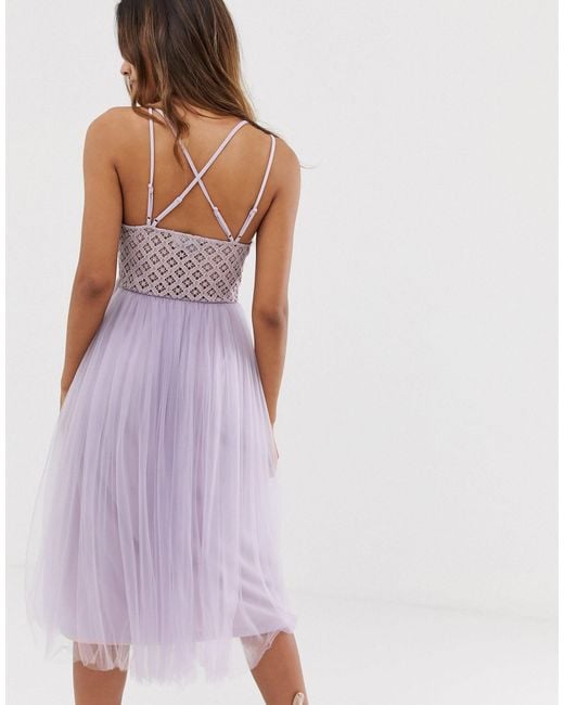 lace top tulle midi dress