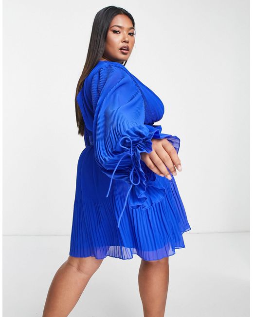 ASOS Asos Design Curve Pleated Blouson Sleeve Mini Dress With Belt Detail  in Blue | Lyst