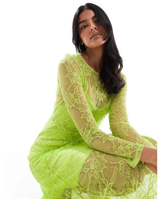 Object Doorschijnende Maxi Jurk Met Kant En Lange Mouwen in het Green