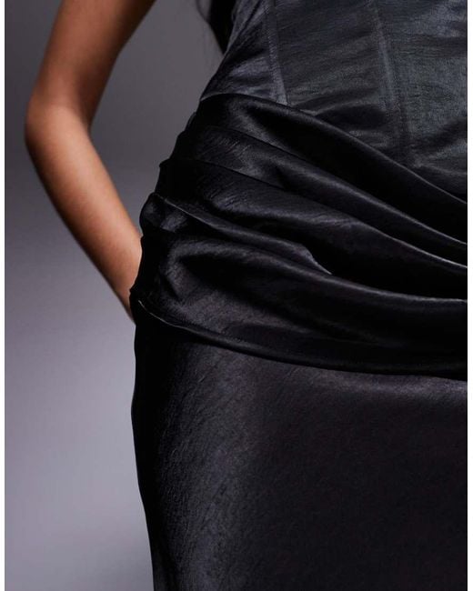 Wanderdoll Black Luna Satin Drape Waist Maxi Skirt Co-ord
