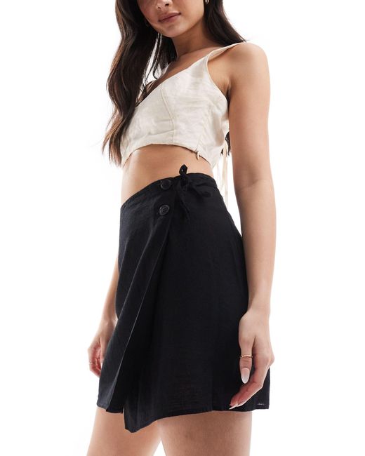 Monki Black Linen Wrap Tie Detail Mini Skirt