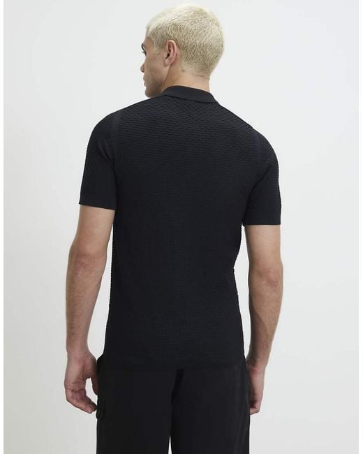 River Island Black Muscle Fit Hexogen Textured Polo Shirt for men