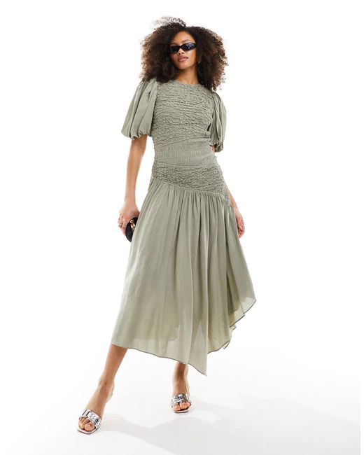 & Other Stories Green Linen Blend Asymmetric Hem Midi Dress With Ruche Bodice And Volume Sleeves
