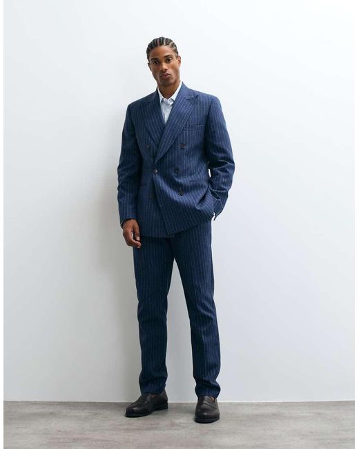 ASOS Blue Slim Double Breasted Suit Jacket With Linen for men