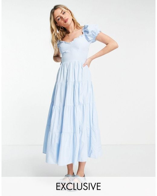 Stradivarius Blue Milkmaid Poplin Dress With Puff Sleeves
