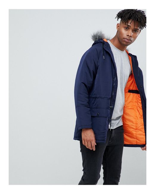 Another Influence Blue Hooded Parka Jacket With Faux Fur Hood for men