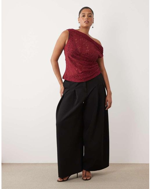 ASOS Red Asos Design Curve Sheer Lace Ruched Asym Top