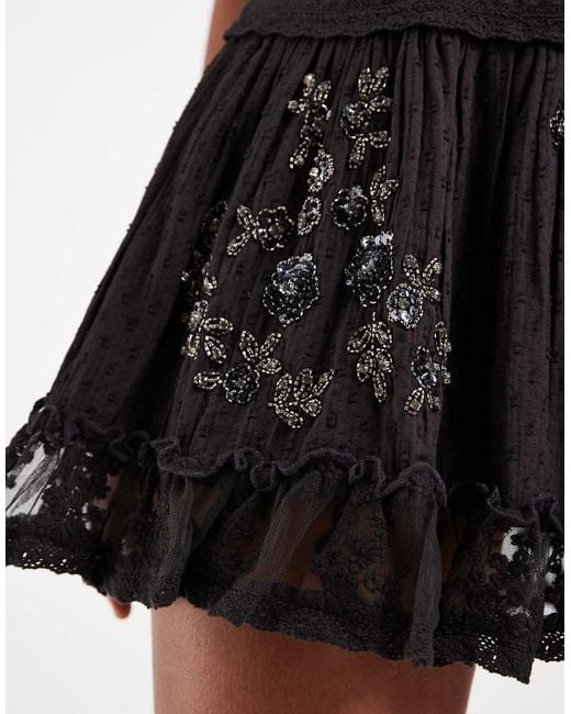 ASOS Black Scoop Neck Mini Dress With Sheer Lace Panels And Floral Embellishment