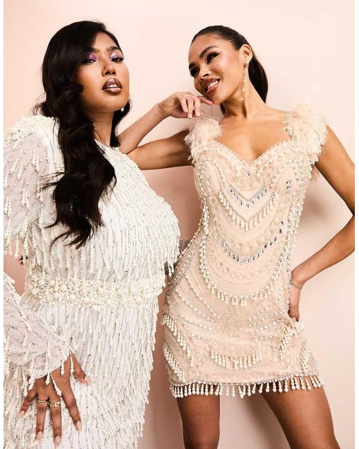 ASOS Encrusted Mini Dress With Faux Pearl Embellishment And Faux Feather Straps in Natural | Lyst UK ASOS Encrusted Mini Dress With Faux Pearl Embellishment And Faux Feather Straps in Natural | Lyst UK