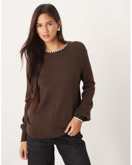 Threadbare Brown Crew Neck Jumper With Contrast Blanket Stitch