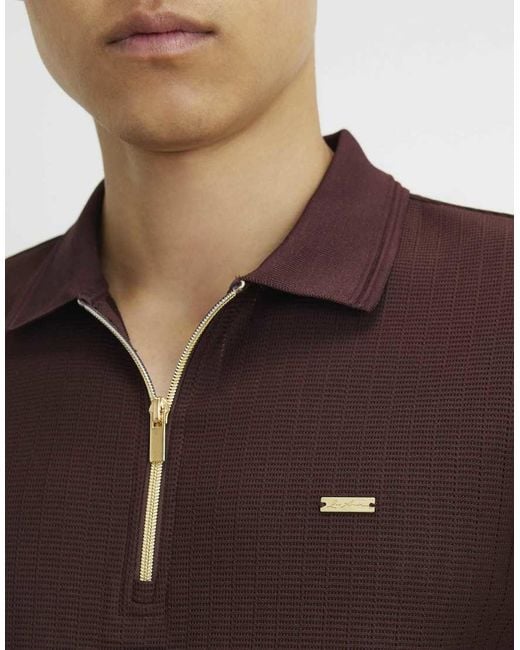 River Island Brown Muscle Fit Cotton Textured Polo Shirt for men
