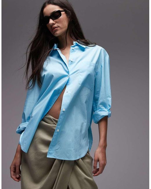 Camisa Extragrande De Tejido Ligero Rico En Algodón De Mango de color Blue
