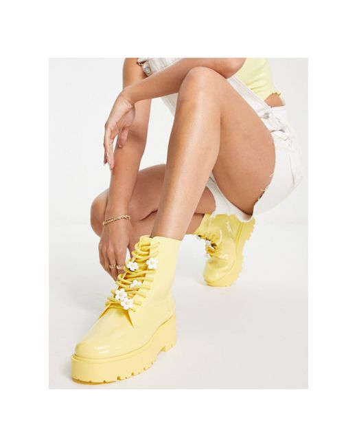 ASOS Yellow Greenery Daisy Lace Up Wellie Boots