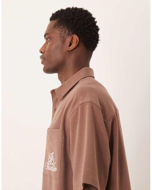 ASOS Brown Oversized Textured Shirt With Chest Embroidery for men