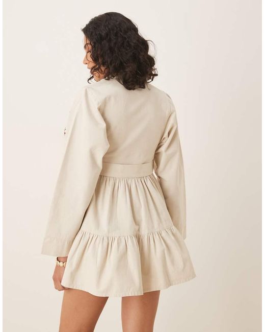 ASOS Natural Heavy Twill Belted Mini Shirt Dress With Tiered Skirt