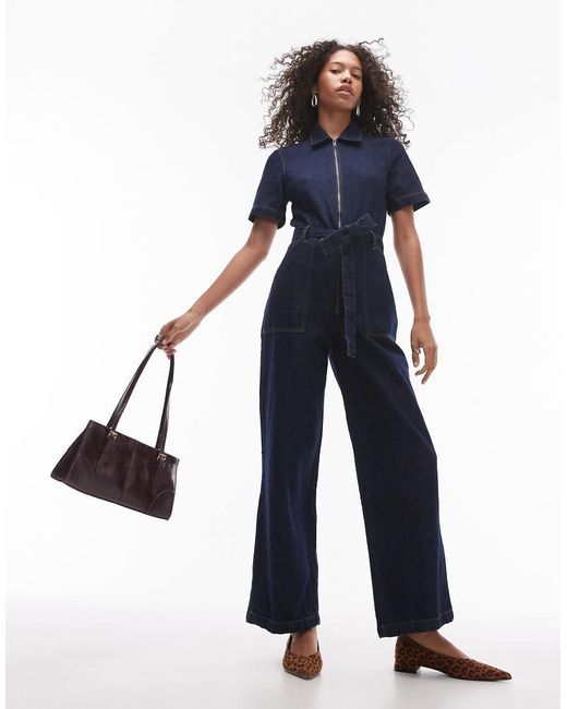 Mango Blue Zip Down Tie Waist Detail Denim Jumpsuit