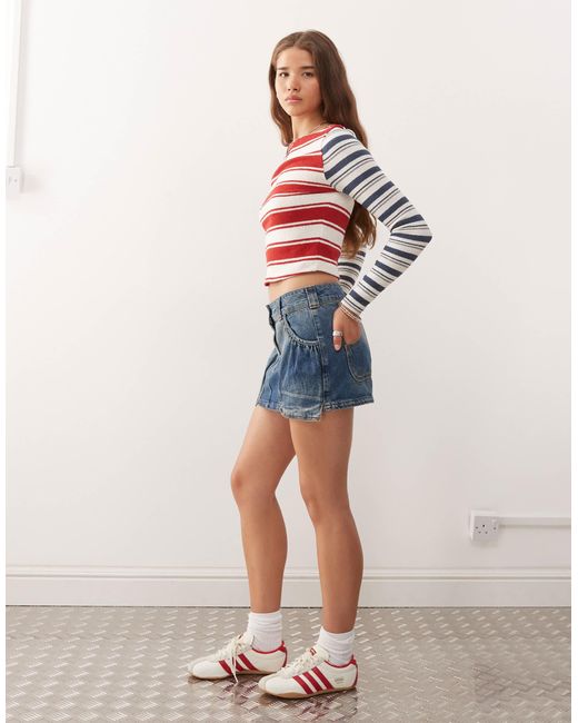Reclaimed (vintage) Red Soft Knit Spliced Stripe Long Sleeve Top