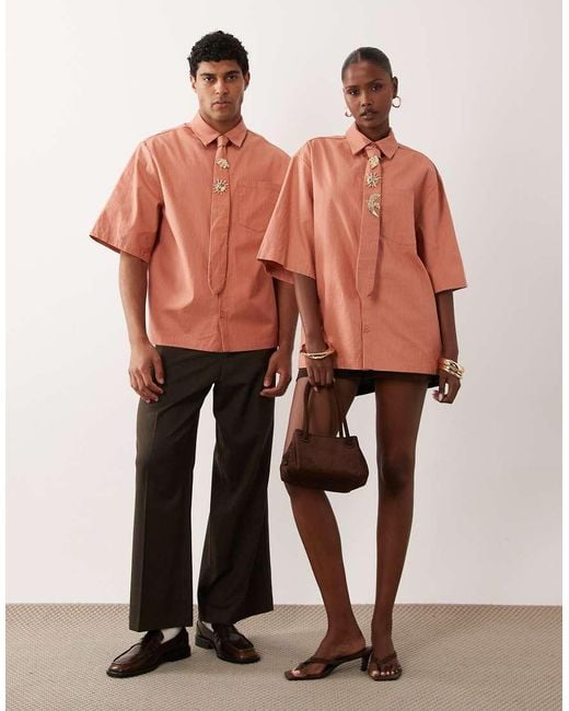 Sister Jane Orange Unisex Ochre Short Sleeve Boxy Shirt With Tie Pins