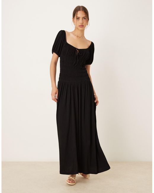 ASOS Black Crinkle Shirred Waist Milkmaid Puff Sleeve Midi Tea Dress