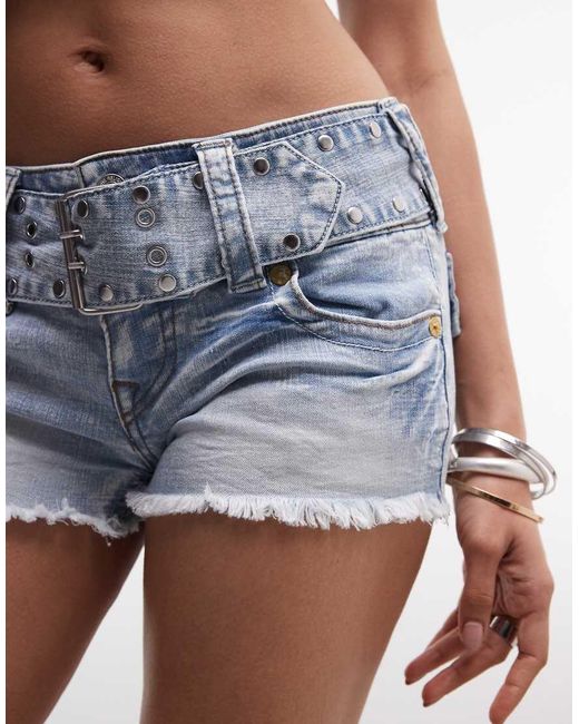 True Religion Blue Wide Belt Joey Low Rise Flap Pocket Denim Shorts