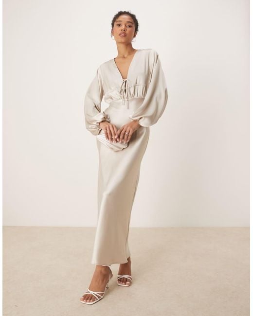 Gina Tricot Natural Satin Long Sleeve Midi V Neck Tie Front Ruched Detail