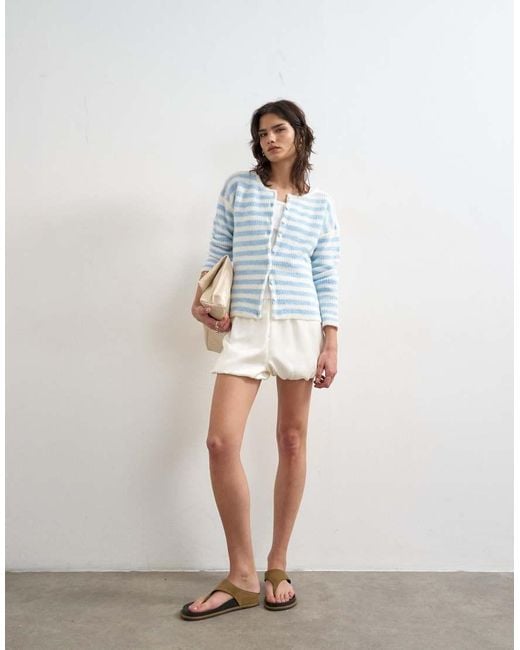 TOPSHOP White Knitted Lightweight Easy Ribbed Striped Relaxed Cardigan