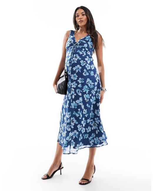 ASOS Blue Asos Design Maternity V Neck Midi Dress With Ruched Bust Detail