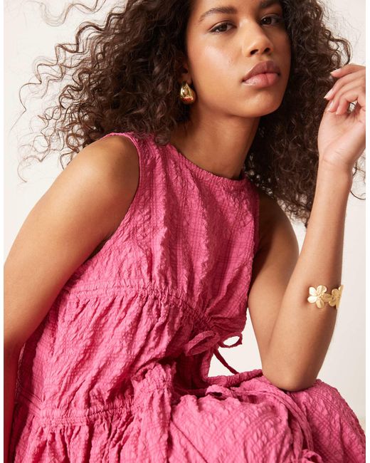 Robe mi-longue froncée texturée - fuchsia Ghospell en coloris Pink