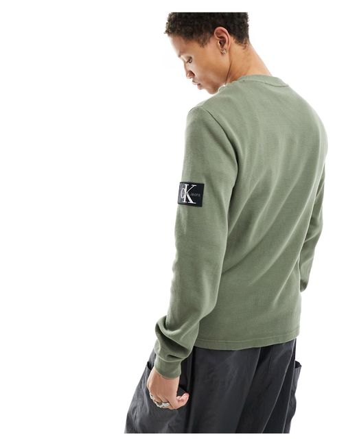 Calvin Klein Green Badge Logo Waffle Long Sleeve T-shirt for men