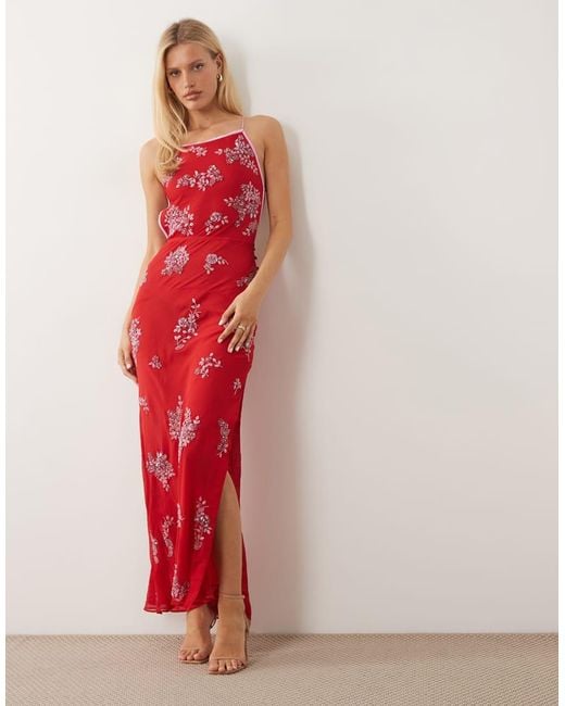 ASOS Red Ditsy Embellished Bias Semi Sheer Chiffon Maxi Dress With Open Back