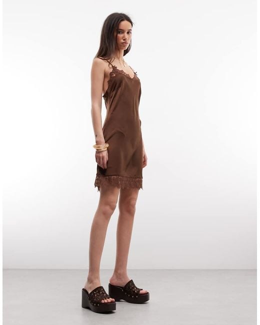 Monki Brown Lace Detail Satin Slip Mini Dress