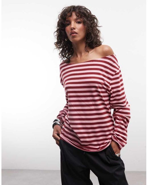 Collusion Red Long Sleeve Off The Shoulder Stipe Top