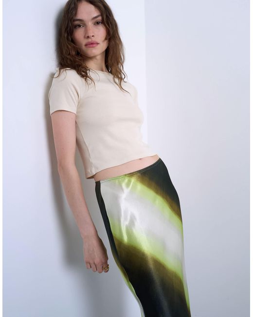 TOPSHOP Gray – satin-maxirock mit schrägschnitt und limettenen ombré-streifen