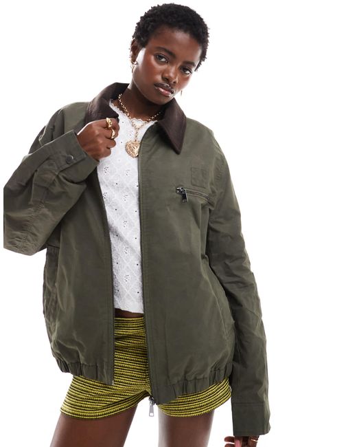 Collusion Green Waxed Jacket With Cord Collar