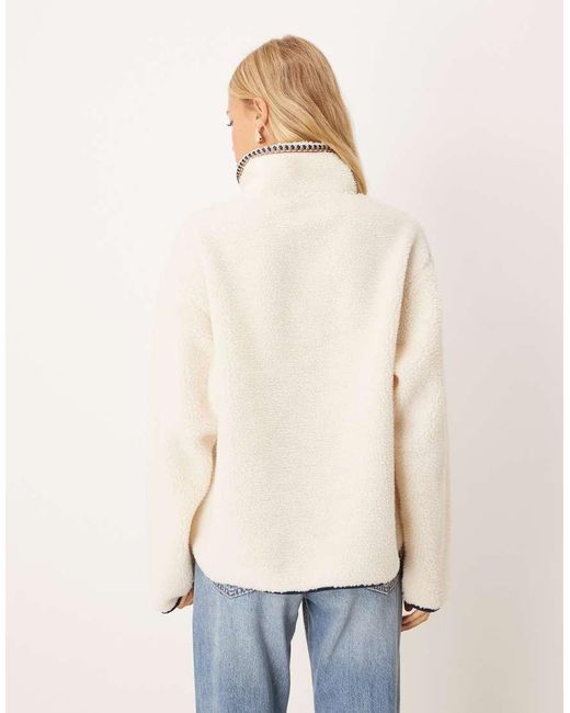 ASOS Natural Half Zip Borg Fleece With Folk Trim Detail