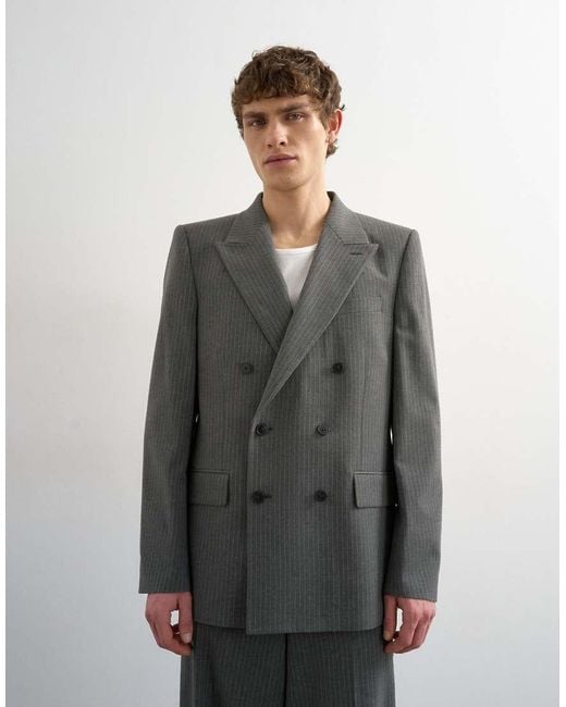 Topman Gray Relaxed Pinstripe Double Breasted Suit Jacket for men