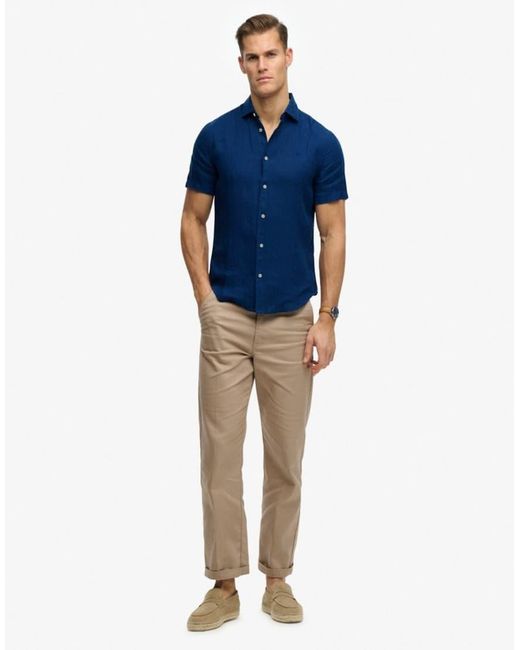 Superdry Blue Riviera Short Sleeve Linen Shirt for men