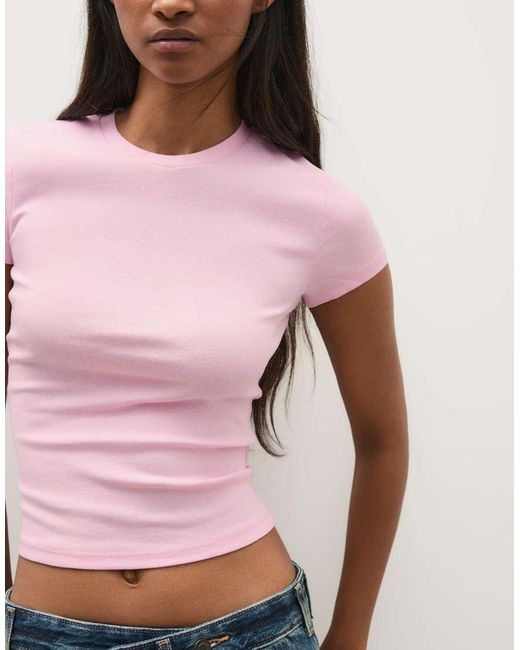 Bershka Pink Short Sleeve Round Neck T-Shirt