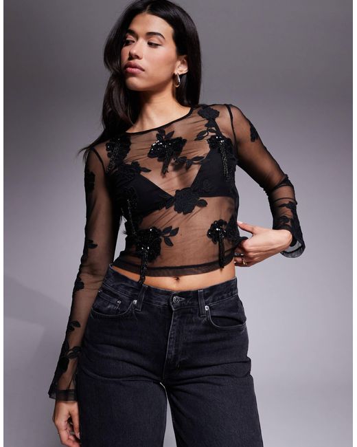 ASOS Blue Embroidered Sequin Floral Mesh Long Sleeve Top With Drip Bead Detail