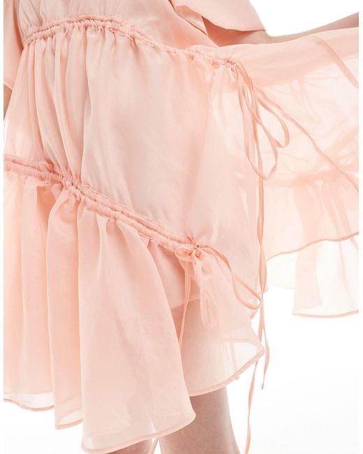 Ghospell Pink Asymmetric Bow Detail Mini Dress