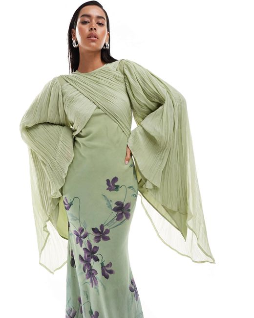 ASOS exaggerated Sleeve Wrap Bias Maxi Dress in Green