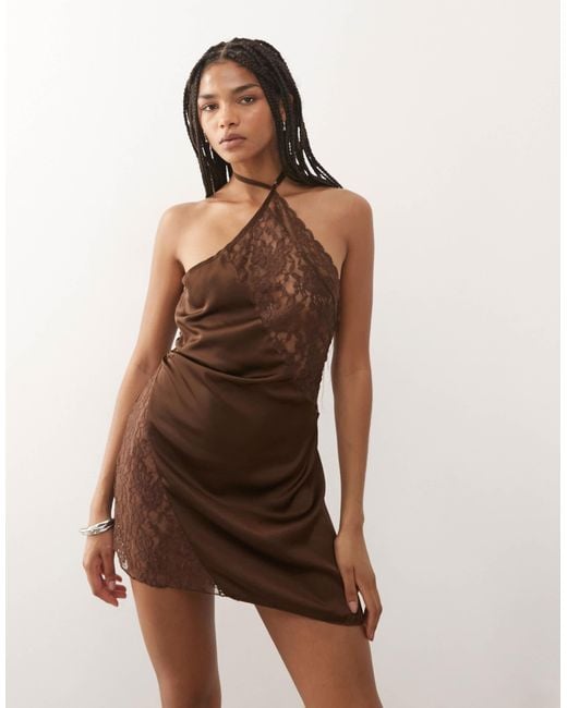 Lioness Amore Satin Sheer Lace Bust Panelling Detail Halterneck Mini Dress  in Brown | Lyst