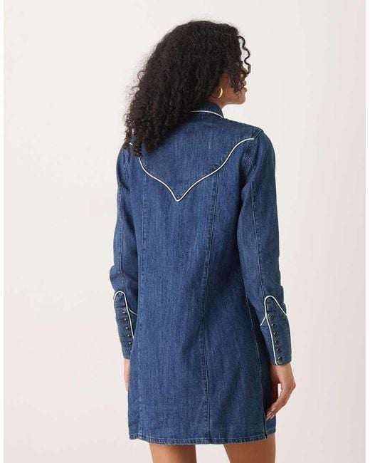 Vestito Camicia Di Jeans Stile Western Medio Con Profili A Contrasto di Wrangler in Blue